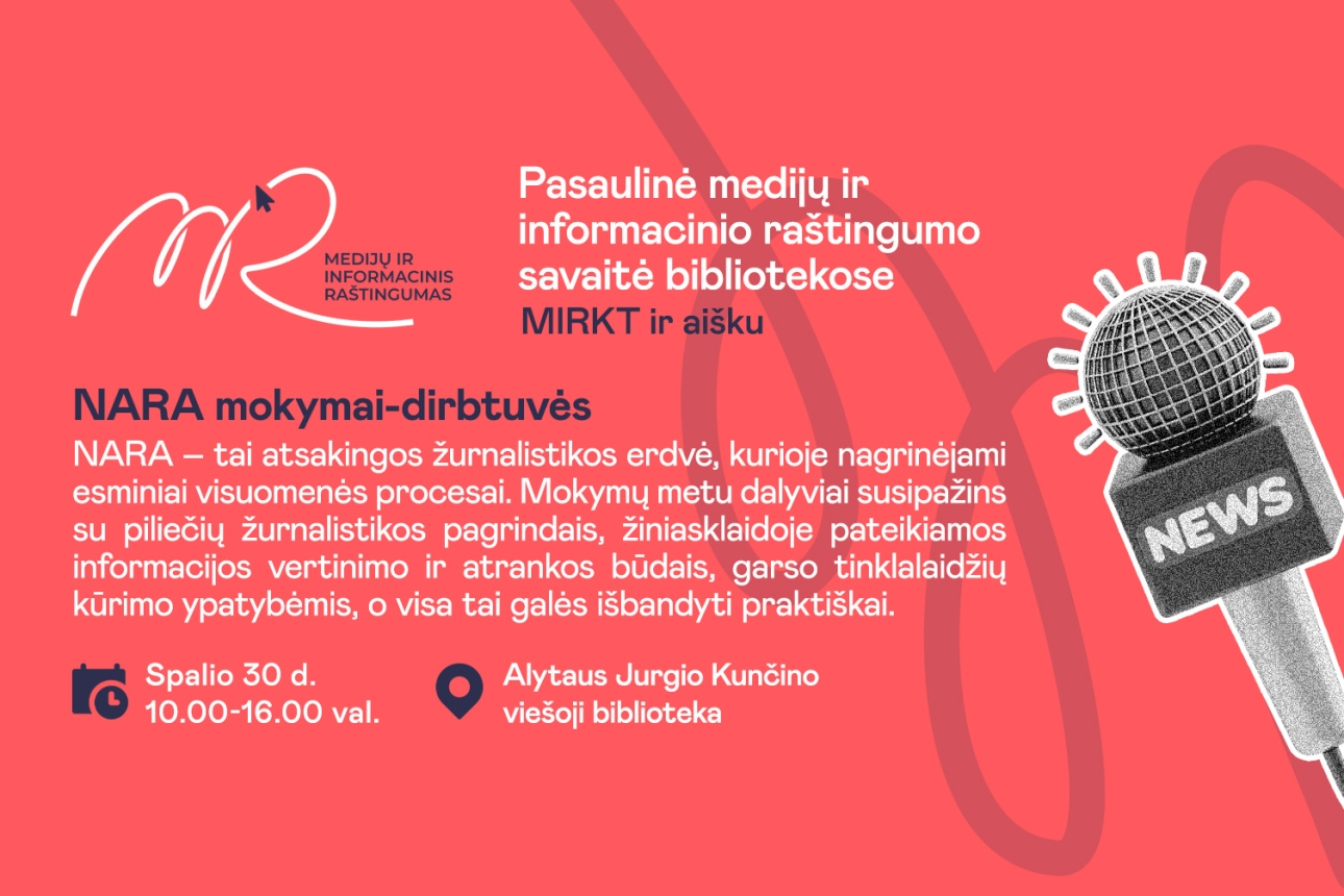 Kviečiame į NARA mokymus-dirbtuves Alytaus Jurgio Kunčino viešojoje bibliotekoje